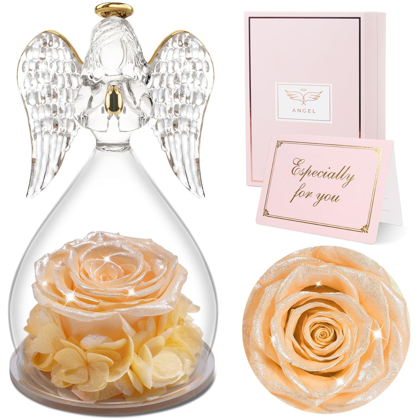 Sunia Preserved Flower Rose Birthday Gifts for Mom, Glass Angels Figurines Gifts for Women Grandma Mothers, Forever Real Flowers Unique Gifts for Valentine Mother's Day Anniversary Thanksgiving ﻿