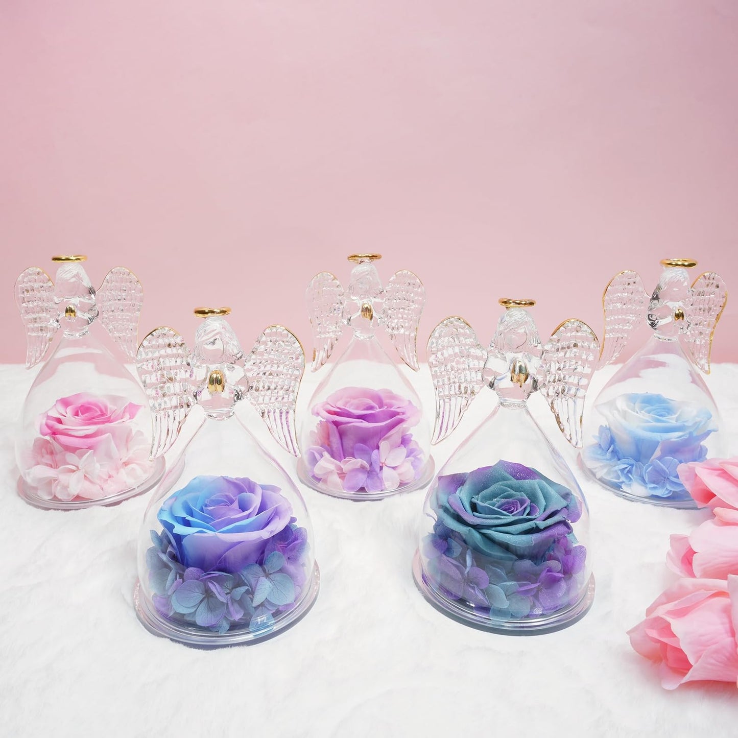 Sunia Preserved Flower Rose Birthday Gifts for Mom, Glass Angels Figurines Gifts for Women Grandma Mothers, Forever Real Flowers Unique Gifts for Valentine Mother's Day Anniversary Thanksgiving ﻿