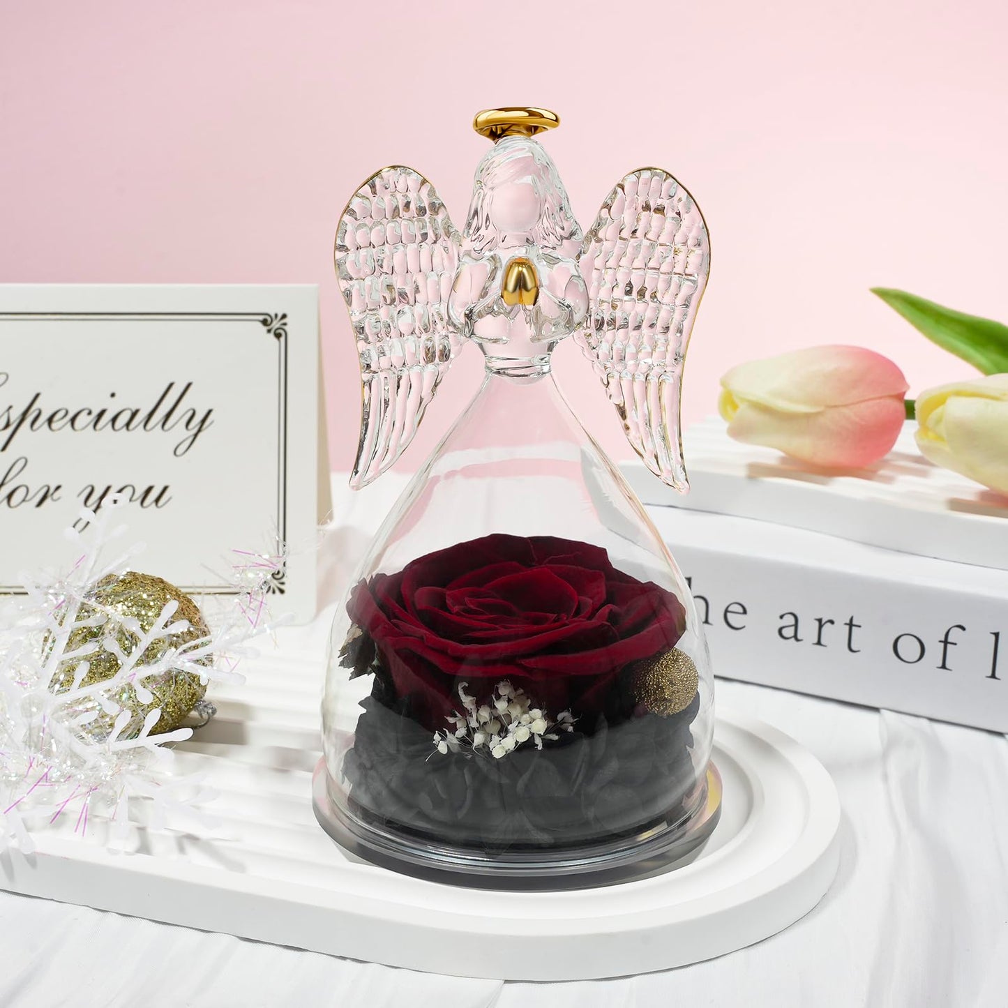 Sunia Preserved Flower Rose Birthday Gifts for Mom, Glass Angels Figurines Gifts for Women Grandma Mothers, Forever Real Flowers Unique Gifts for Valentine Mother's Day Anniversary Thanksgiving ﻿