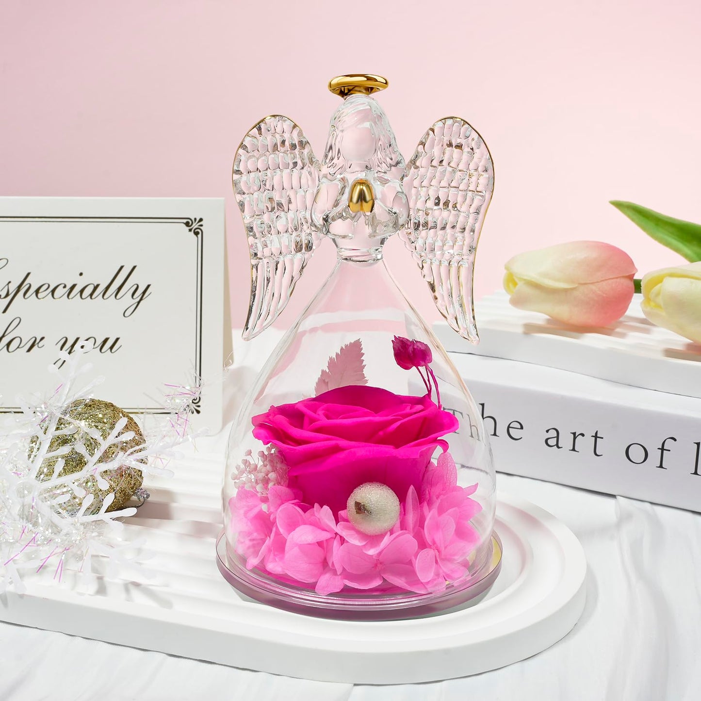 Sunia Preserved Flower Rose Birthday Gifts for Mom, Glass Angels Figurines Gifts for Women Grandma Mothers, Forever Real Flowers Unique Gifts for Valentine Mother's Day Anniversary Thanksgiving ﻿