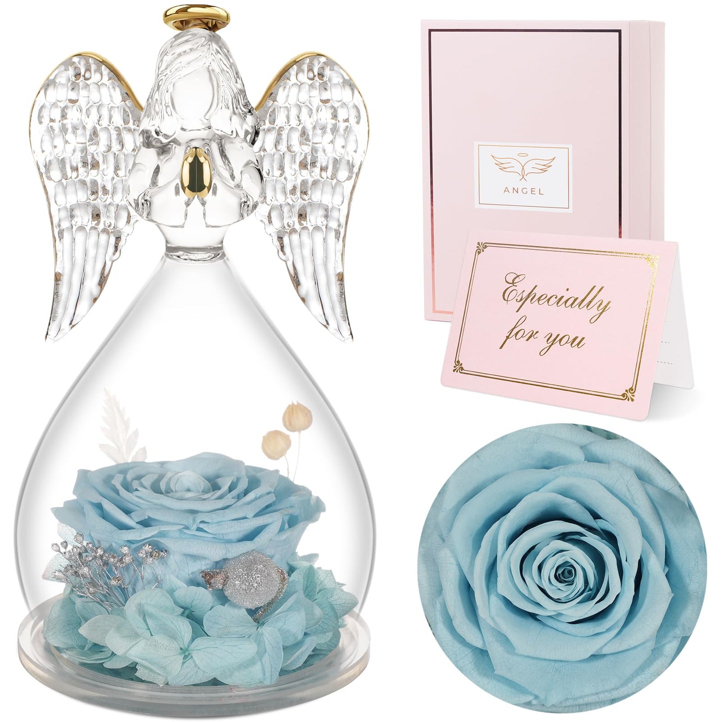Sunia Preserved Flower Rose Birthday Gifts for Mom, Glass Angels Figurines Gifts for Women Grandma Mothers, Forever Real Flowers Unique Gifts for Valentine Mother's Day Anniversary Thanksgiving ﻿