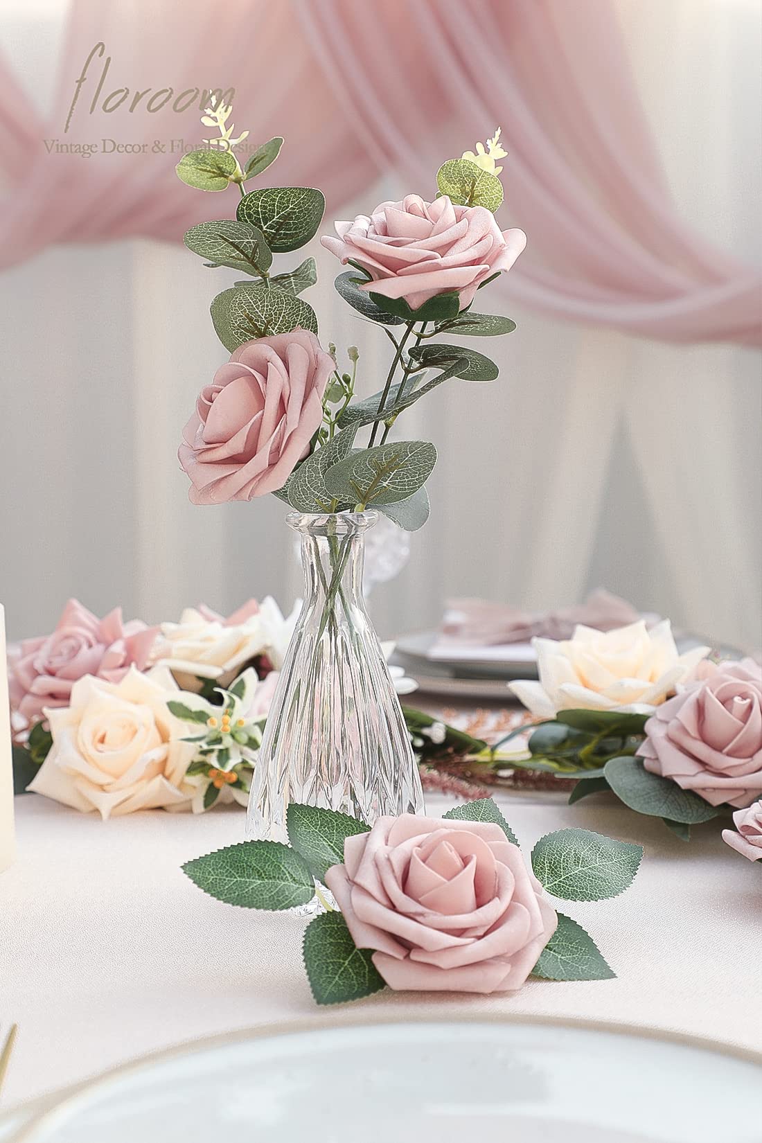 Floroom Artificial Flowers 25pcs Real Looking Ivory Foam Fake Roses with Stems for DIY Wedding Bouquets White Bridal Shower Centerpieces Arrangements Party Tables Decorations