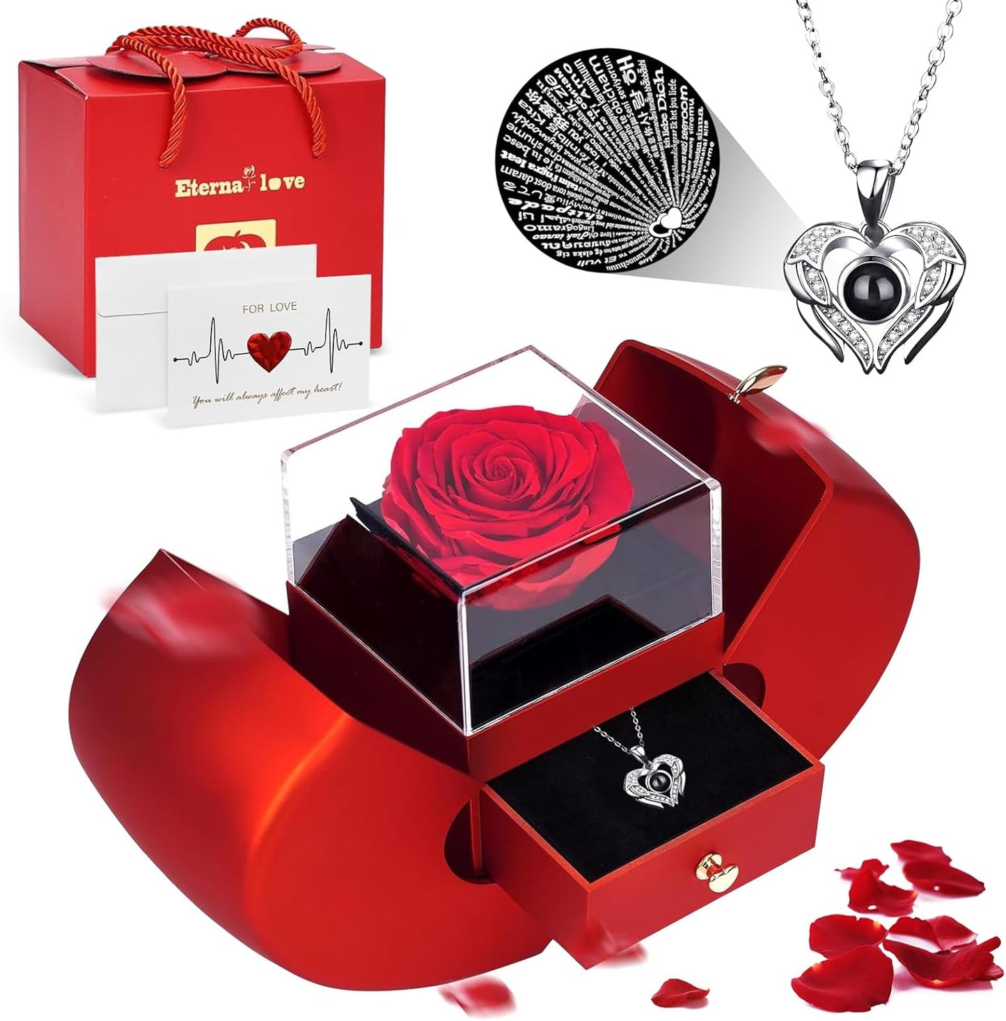 Preserved Real Rose with I Love You Necklace 100 Languages, Forever Flower Rose Gifts for Girlfriend, Women, Mom, Wife, Gifts Idea on Christmas,Valentine's Day,Birthday, Anniversary