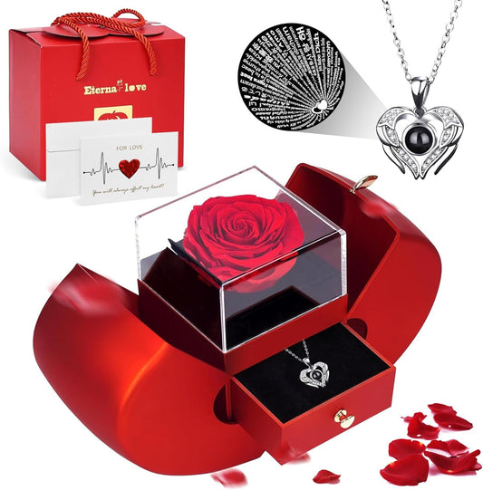 Preserved Real Rose with I Love You Necklace 100 Languages, Forever Flower Rose Gifts for Girlfriend, Women, Mom, Wife, Gifts Idea on Christmas,Valentine's Day,Birthday, Anniversary