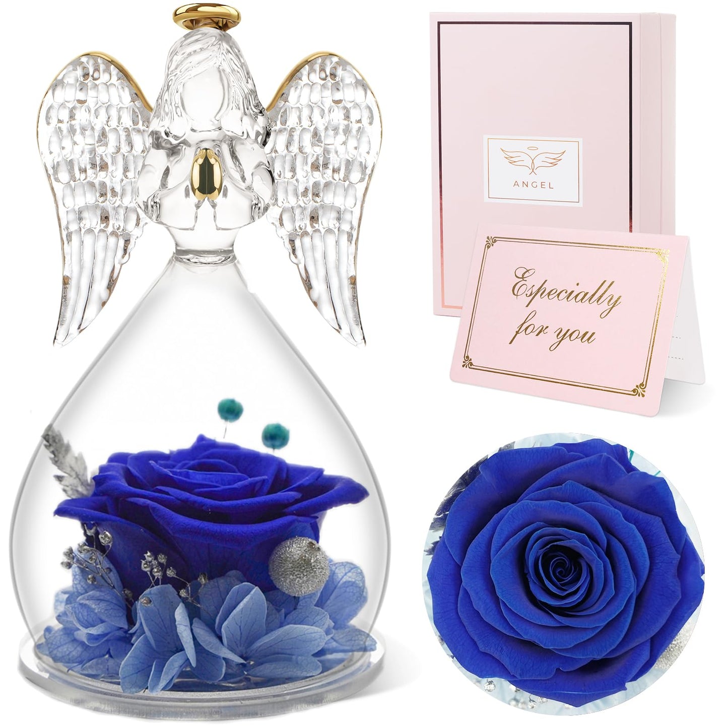 Sunia Preserved Flower Rose Birthday Gifts for Mom, Glass Angels Figurines Gifts for Women Grandma Mothers, Forever Real Flowers Unique Gifts for Valentine Mother's Day Anniversary Thanksgiving ﻿