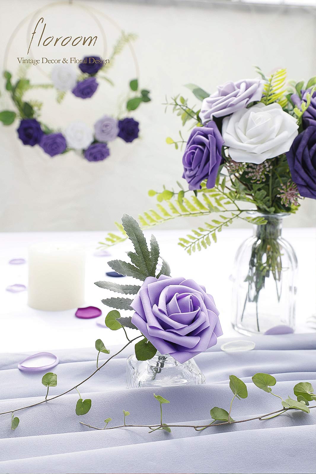 Floroom Artificial Flowers 25pcs Real Looking Ivory Foam Fake Roses with Stems for DIY Wedding Bouquets White Bridal Shower Centerpieces Arrangements Party Tables Decorations