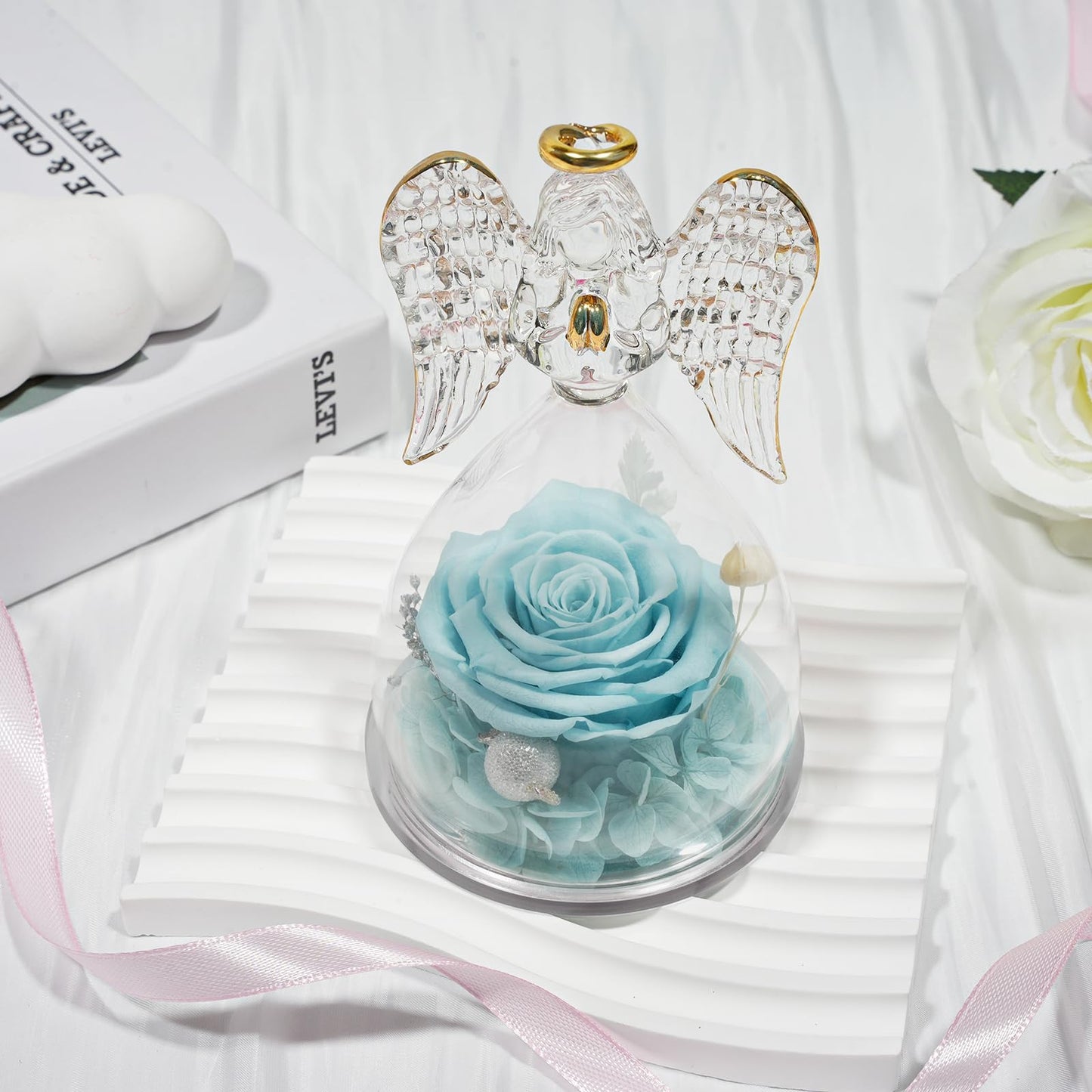 Sunia Preserved Flower Rose Birthday Gifts for Mom, Glass Angels Figurines Gifts for Women Grandma Mothers, Forever Real Flowers Unique Gifts for Valentine Mother's Day Anniversary Thanksgiving ﻿
