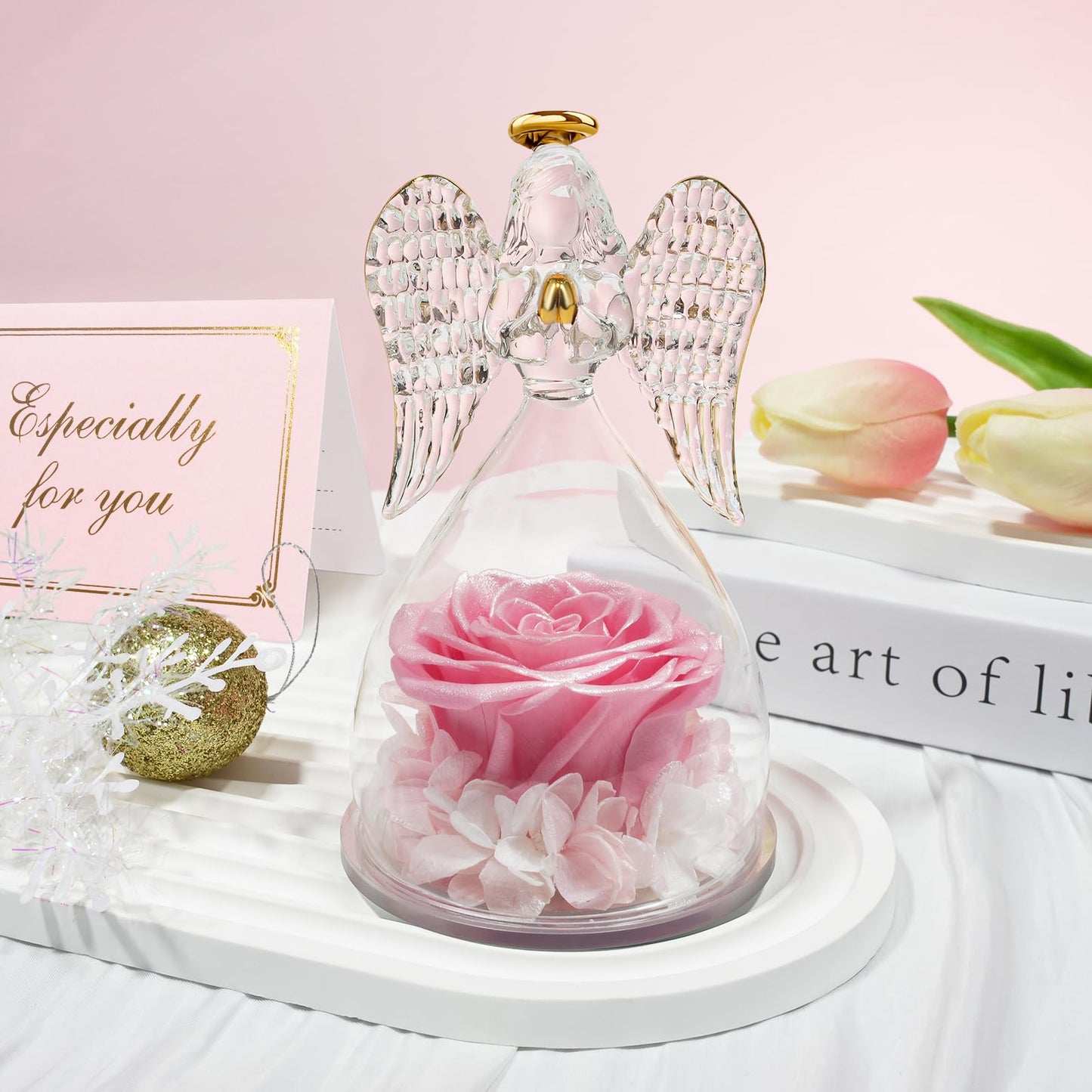 Sunia Preserved Flower Rose Birthday Gifts for Mom, Glass Angels Figurines Gifts for Women Grandma Mothers, Forever Real Flowers Unique Gifts for Valentine Mother's Day Anniversary Thanksgiving ﻿