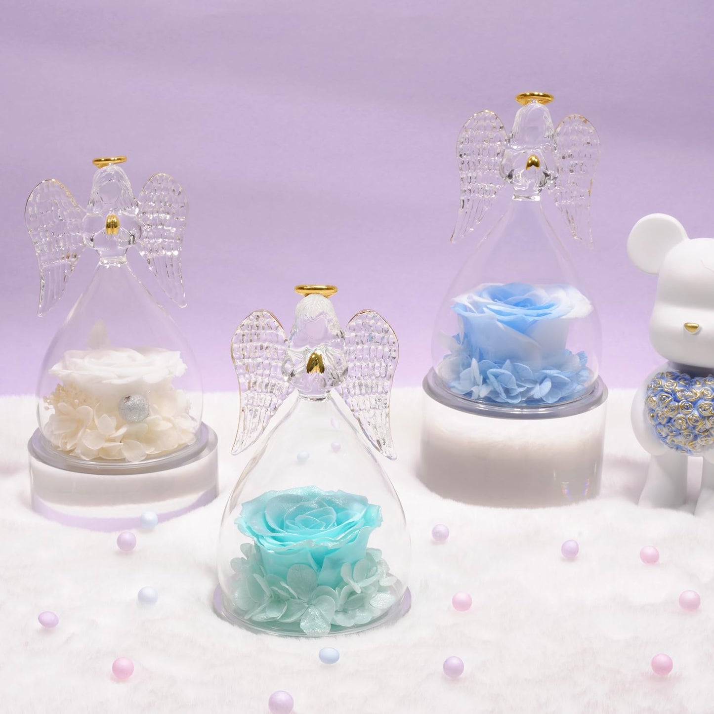 Sunia Preserved Flower Rose Birthday Gifts for Mom, Glass Angels Figurines Gifts for Women Grandma Mothers, Forever Real Flowers Unique Gifts for Valentine Mother's Day Anniversary Thanksgiving ﻿