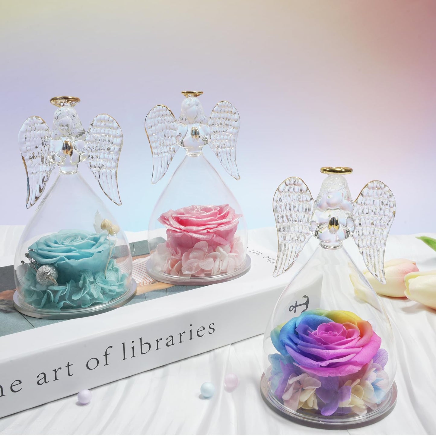 Sunia Preserved Flower Rose Birthday Gifts for Mom, Glass Angels Figurines Gifts for Women Grandma Mothers, Forever Real Flowers Unique Gifts for Valentine Mother's Day Anniversary Thanksgiving ﻿