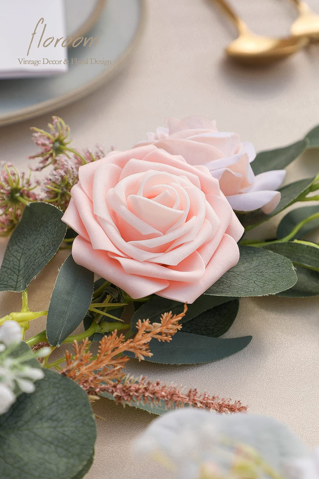 Floroom Artificial Flowers 25pcs Real Looking Ivory Foam Fake Roses with Stems for DIY Wedding Bouquets White Bridal Shower Centerpieces Arrangements Party Tables Decorations