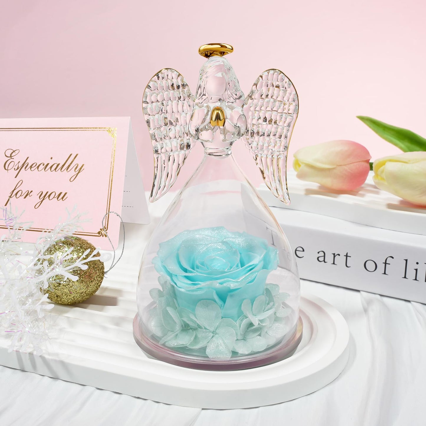 Sunia Preserved Flower Rose Birthday Gifts for Mom, Glass Angels Figurines Gifts for Women Grandma Mothers, Forever Real Flowers Unique Gifts for Valentine Mother's Day Anniversary Thanksgiving ﻿