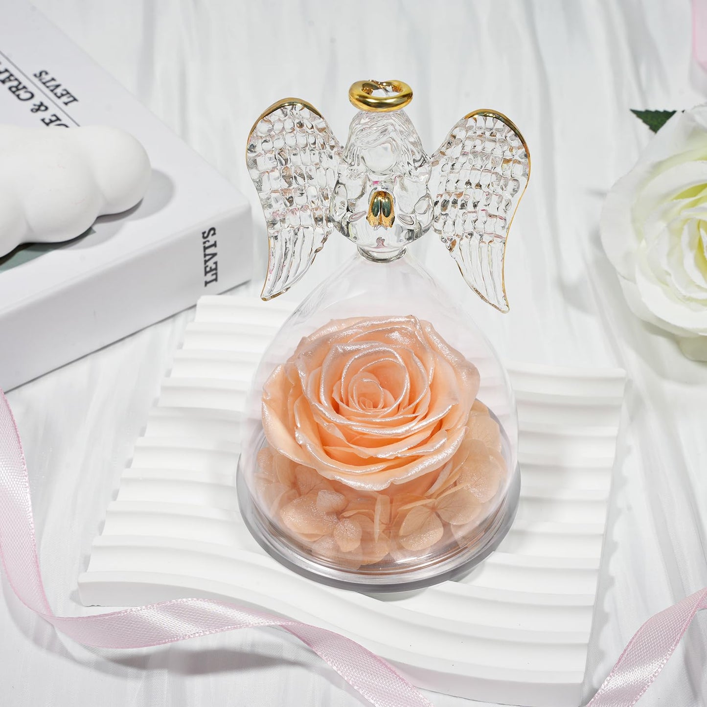 Sunia Preserved Flower Rose Birthday Gifts for Mom, Glass Angels Figurines Gifts for Women Grandma Mothers, Forever Real Flowers Unique Gifts for Valentine Mother's Day Anniversary Thanksgiving ﻿
