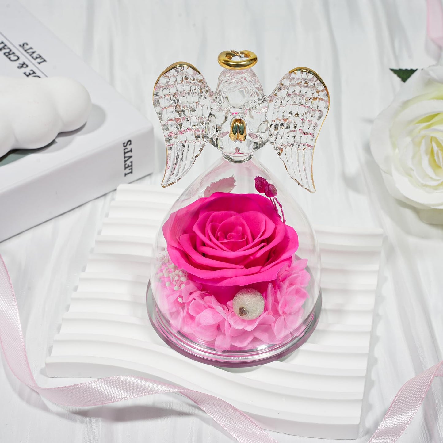 Sunia Preserved Flower Rose Birthday Gifts for Mom, Glass Angels Figurines Gifts for Women Grandma Mothers, Forever Real Flowers Unique Gifts for Valentine Mother's Day Anniversary Thanksgiving ﻿