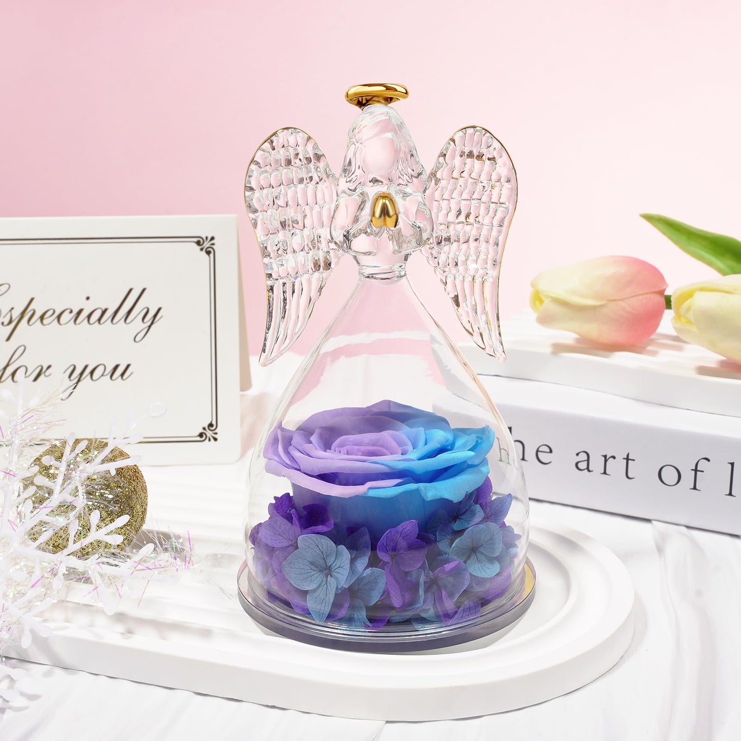 Sunia Preserved Flower Rose Birthday Gifts for Mom, Glass Angels Figurines Gifts for Women Grandma Mothers, Forever Real Flowers Unique Gifts for Valentine Mother's Day Anniversary Thanksgiving ﻿