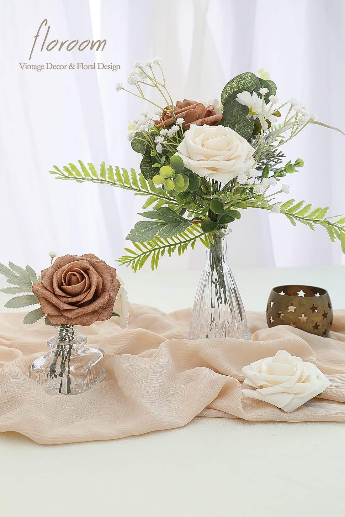 Floroom Artificial Flowers 25pcs Real Looking Ivory Foam Fake Roses with Stems for DIY Wedding Bouquets White Bridal Shower Centerpieces Arrangements Party Tables Decorations