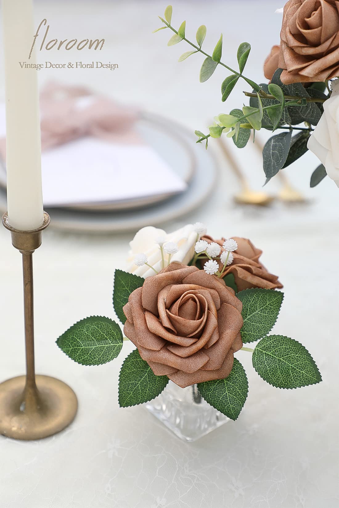 Floroom Artificial Flowers 25pcs Real Looking Ivory Foam Fake Roses with Stems for DIY Wedding Bouquets White Bridal Shower Centerpieces Arrangements Party Tables Decorations