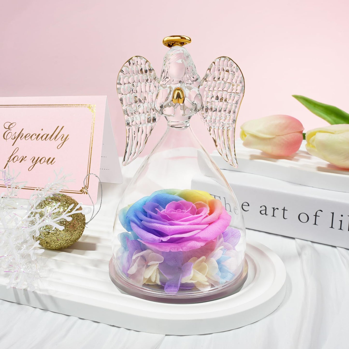 Sunia Preserved Flower Rose Birthday Gifts for Mom, Glass Angels Figurines Gifts for Women Grandma Mothers, Forever Real Flowers Unique Gifts for Valentine Mother's Day Anniversary Thanksgiving ﻿