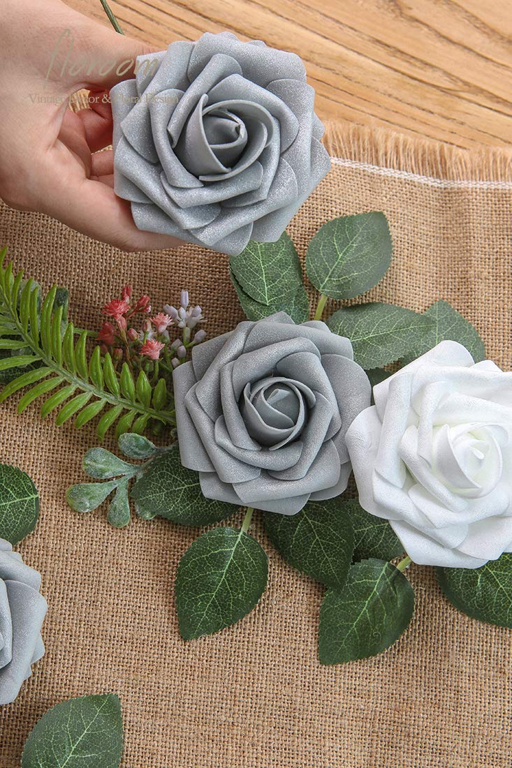 Floroom Artificial Flowers 25pcs Real Looking Ivory Foam Fake Roses with Stems for DIY Wedding Bouquets White Bridal Shower Centerpieces Arrangements Party Tables Decorations