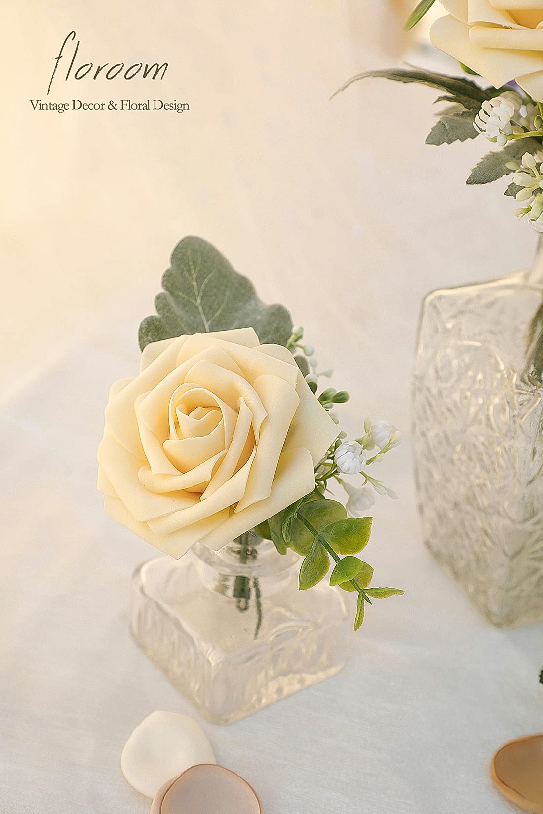 Floroom Artificial Flowers 25pcs Real Looking Ivory Foam Fake Roses with Stems for DIY Wedding Bouquets White Bridal Shower Centerpieces Arrangements Party Tables Decorations