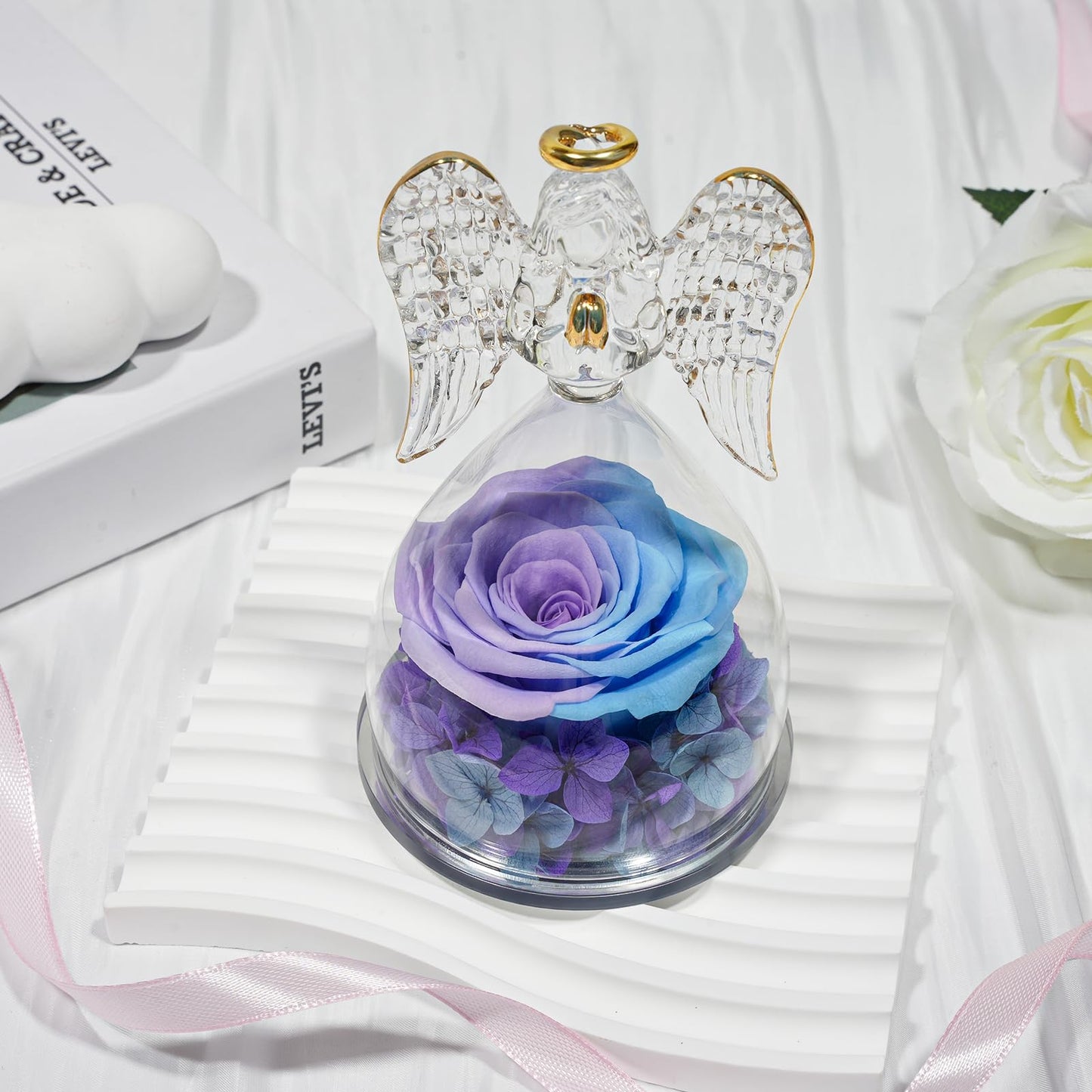 Sunia Preserved Flower Rose Birthday Gifts for Mom, Glass Angels Figurines Gifts for Women Grandma Mothers, Forever Real Flowers Unique Gifts for Valentine Mother's Day Anniversary Thanksgiving ﻿