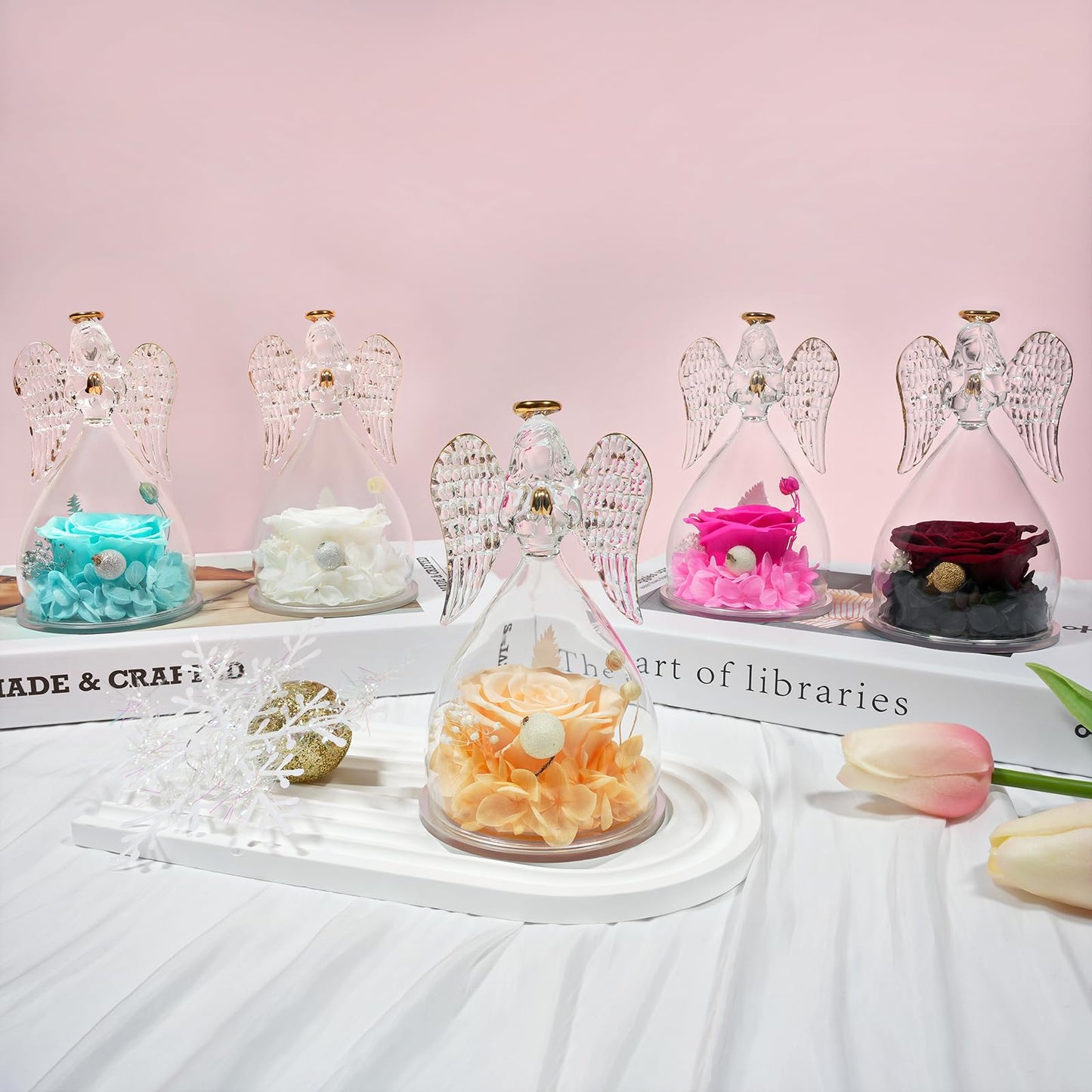 Sunia Preserved Flower Rose Birthday Gifts for Mom, Glass Angels Figurines Gifts for Women Grandma Mothers, Forever Real Flowers Unique Gifts for Valentine Mother's Day Anniversary Thanksgiving ﻿