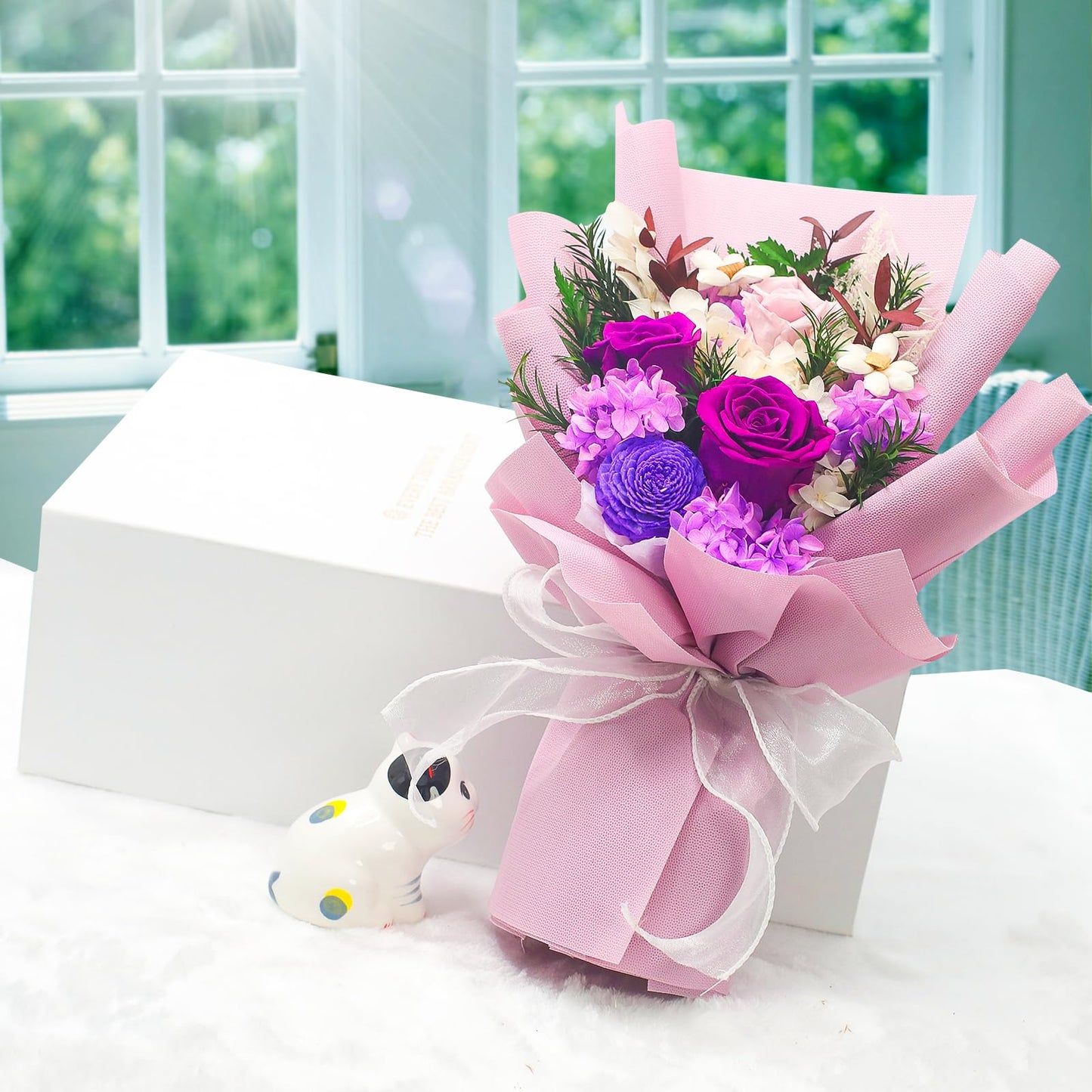 QOEAZY Preserved Flowers Bouquet with Gift Box, Purple Flowers for Delivery Prime, Birthday Flowers for Women Mom Grandma, Flowers Gifts for Valentine's Day, Mother's Day, Anniversary, Christmas
