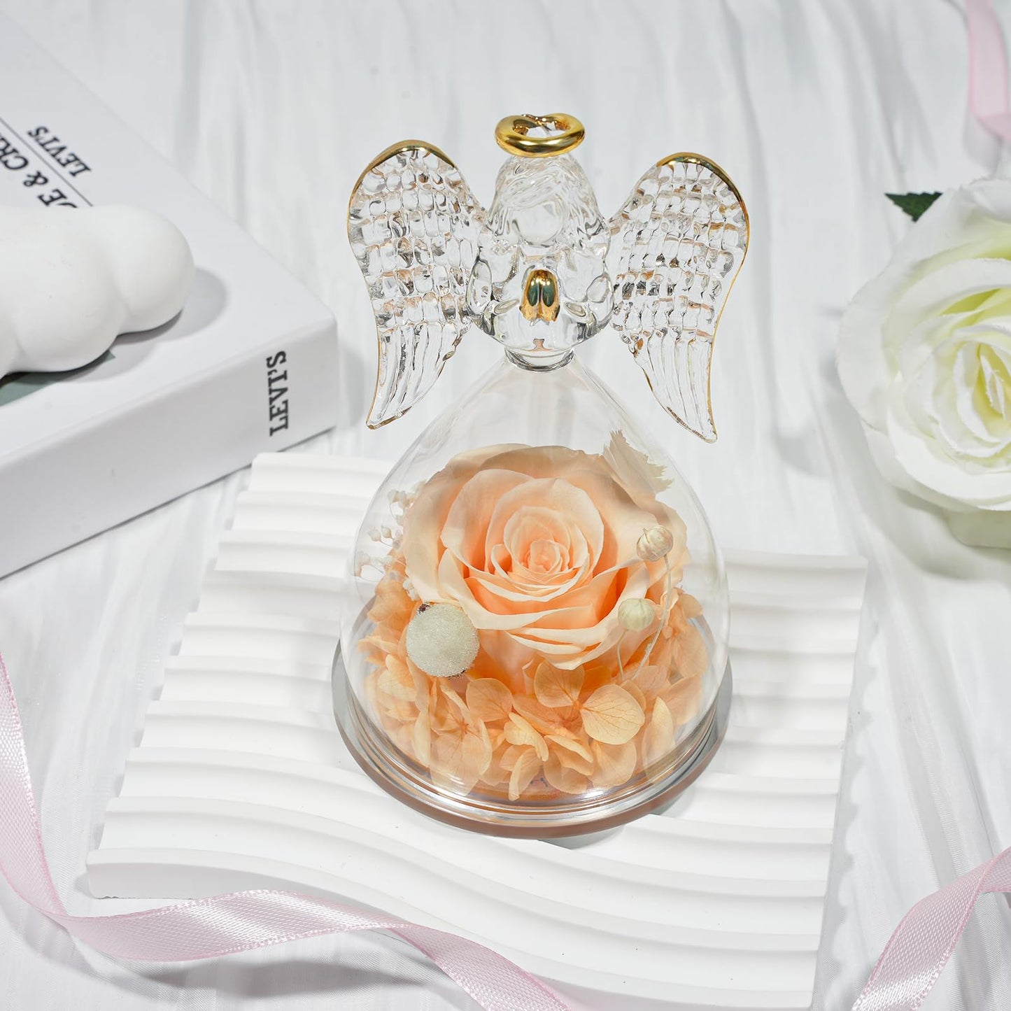 Sunia Preserved Flower Rose Birthday Gifts for Mom, Glass Angels Figurines Gifts for Women Grandma Mothers, Forever Real Flowers Unique Gifts for Valentine Mother's Day Anniversary Thanksgiving ﻿