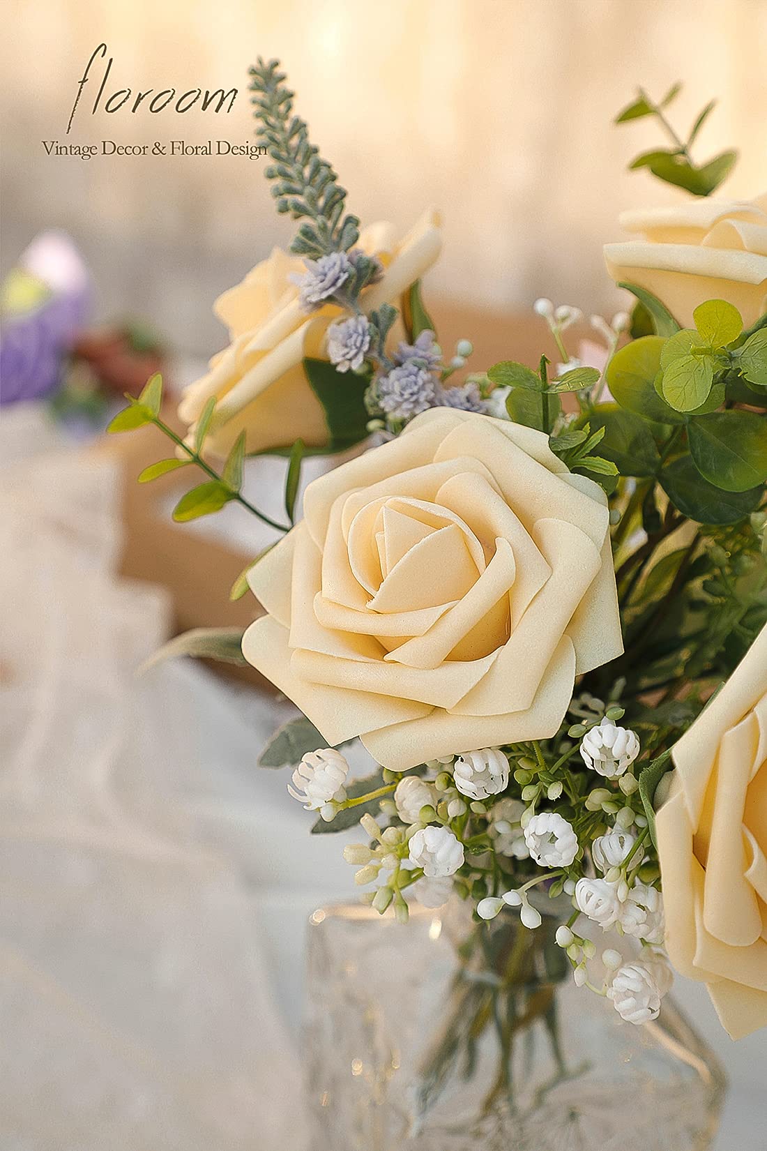 Floroom Artificial Flowers 25pcs Real Looking Ivory Foam Fake Roses with Stems for DIY Wedding Bouquets White Bridal Shower Centerpieces Arrangements Party Tables Decorations