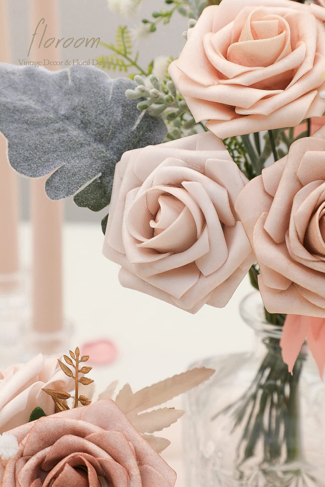 Floroom Artificial Flowers 25pcs Real Looking Ivory Foam Fake Roses with Stems for DIY Wedding Bouquets White Bridal Shower Centerpieces Arrangements Party Tables Decorations