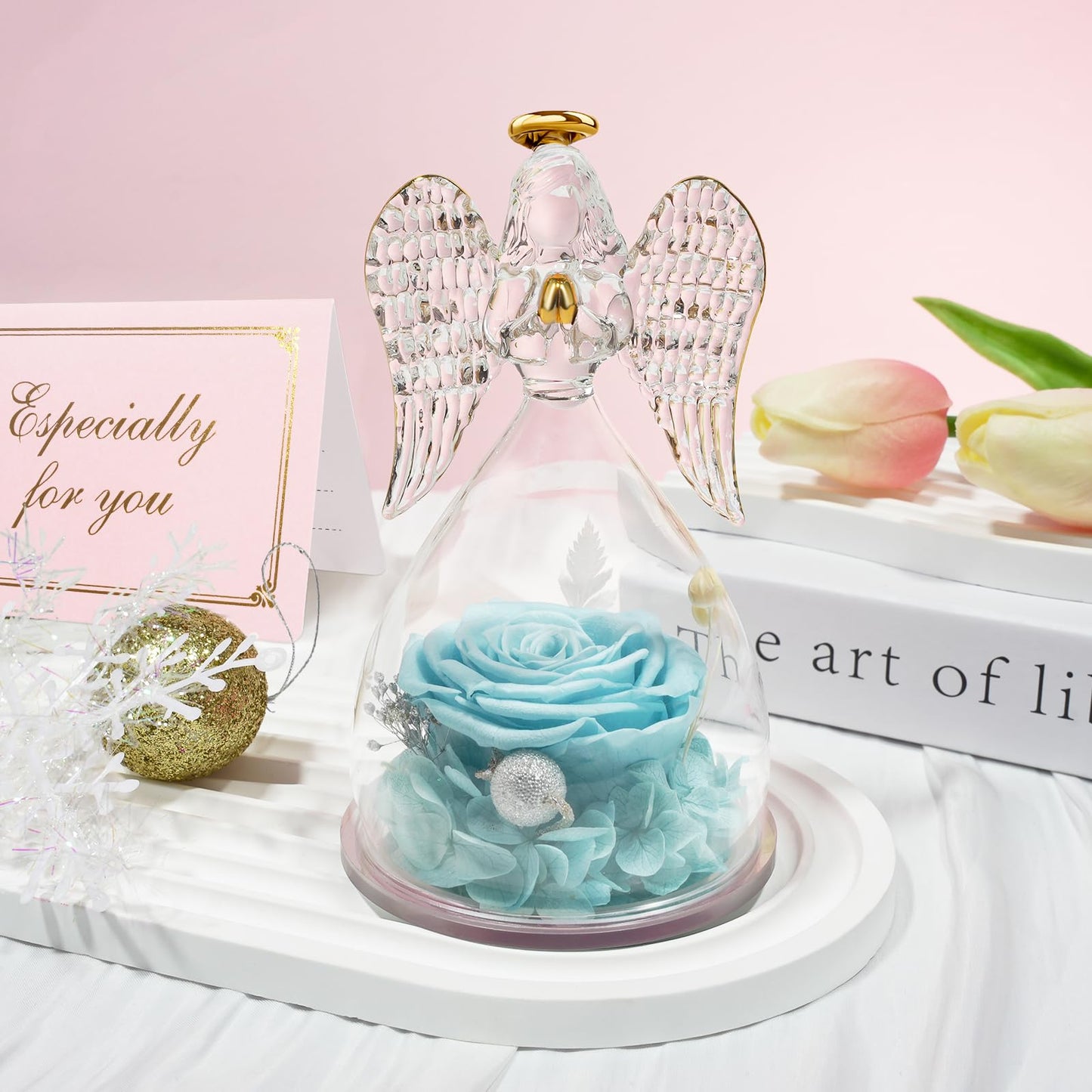 Sunia Preserved Flower Rose Birthday Gifts for Mom, Glass Angels Figurines Gifts for Women Grandma Mothers, Forever Real Flowers Unique Gifts for Valentine Mother's Day Anniversary Thanksgiving ﻿