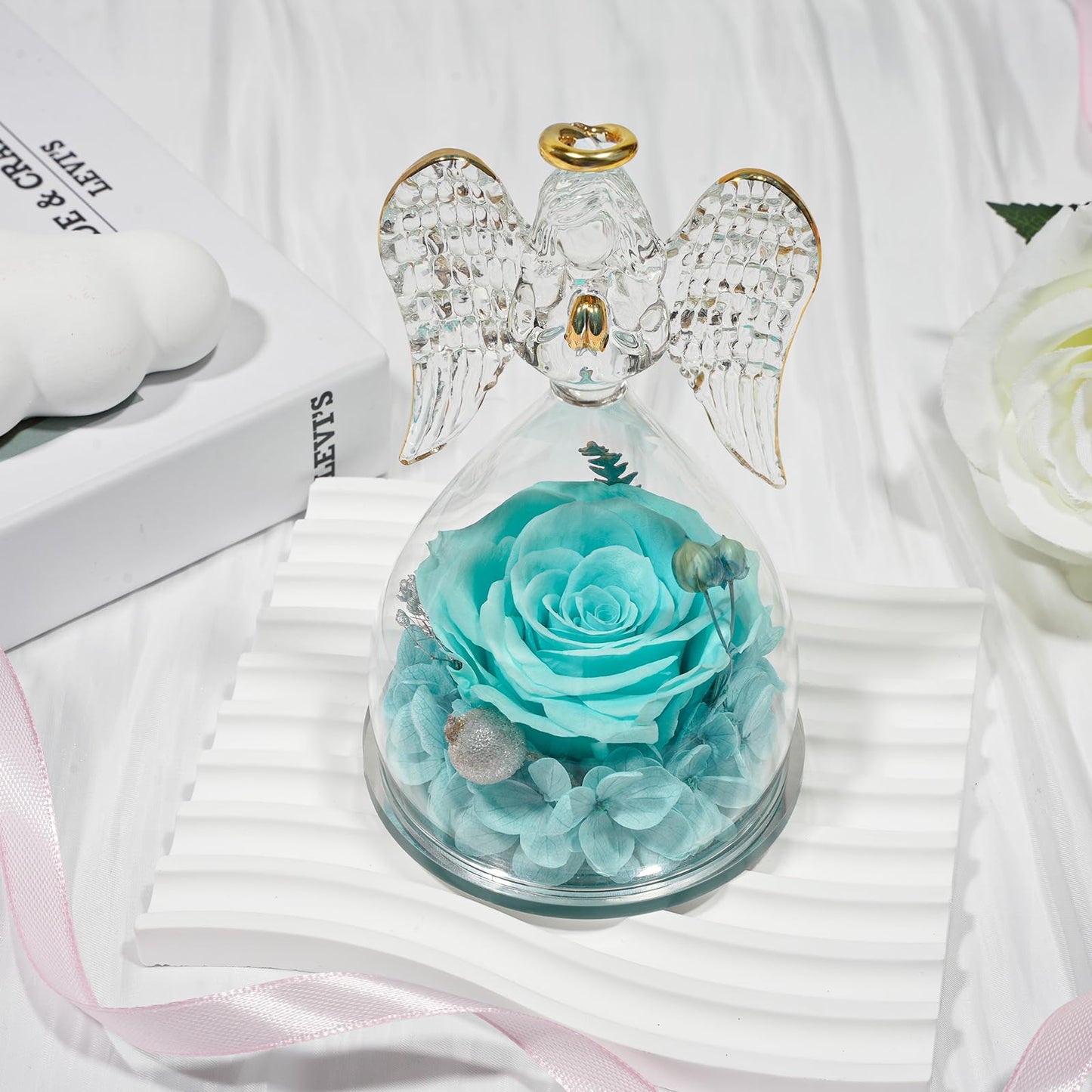 Sunia Preserved Flower Rose Birthday Gifts for Mom, Glass Angels Figurines Gifts for Women Grandma Mothers, Forever Real Flowers Unique Gifts for Valentine Mother's Day Anniversary Thanksgiving ﻿
