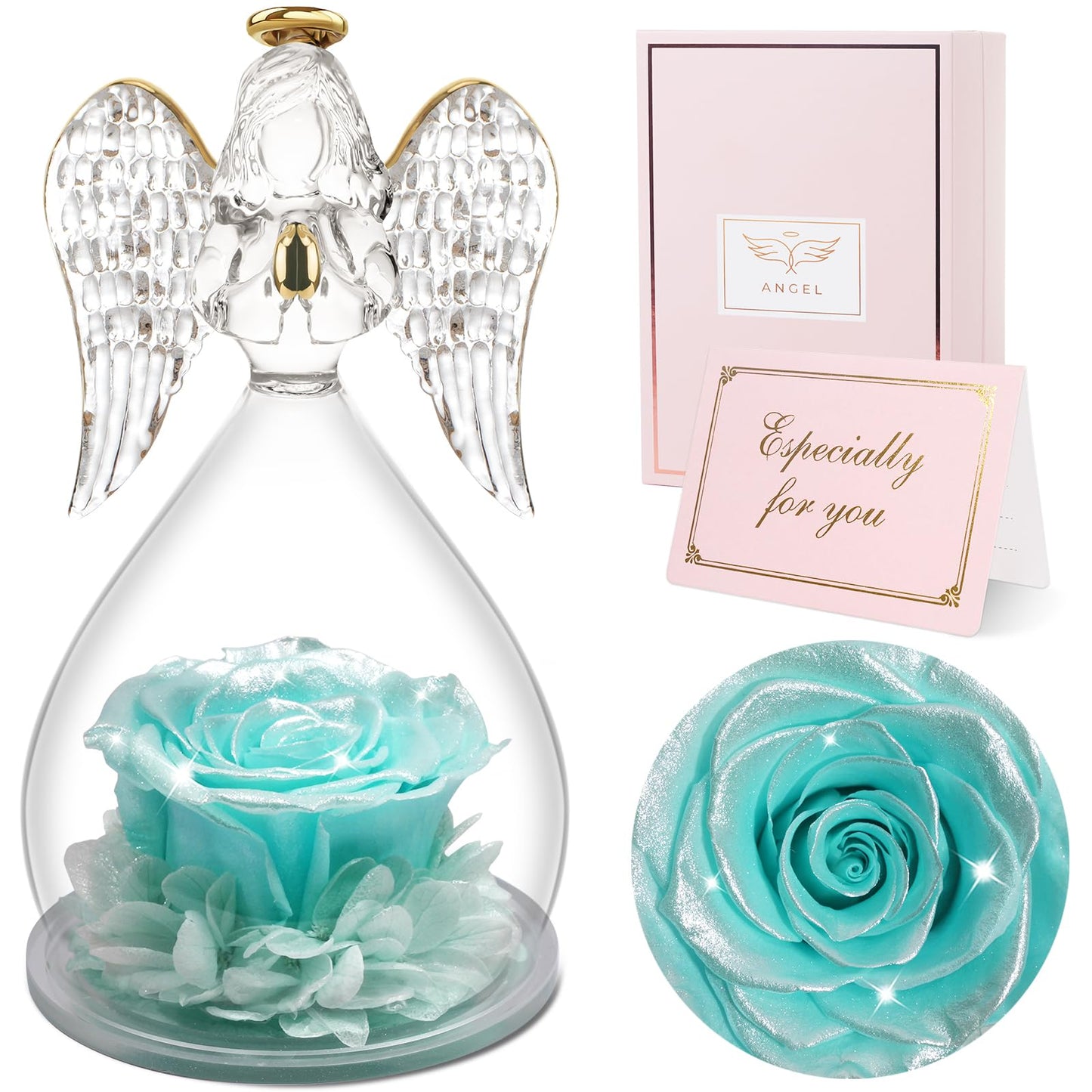 Sunia Preserved Flower Rose Birthday Gifts for Mom, Glass Angels Figurines Gifts for Women Grandma Mothers, Forever Real Flowers Unique Gifts for Valentine Mother's Day Anniversary Thanksgiving ﻿