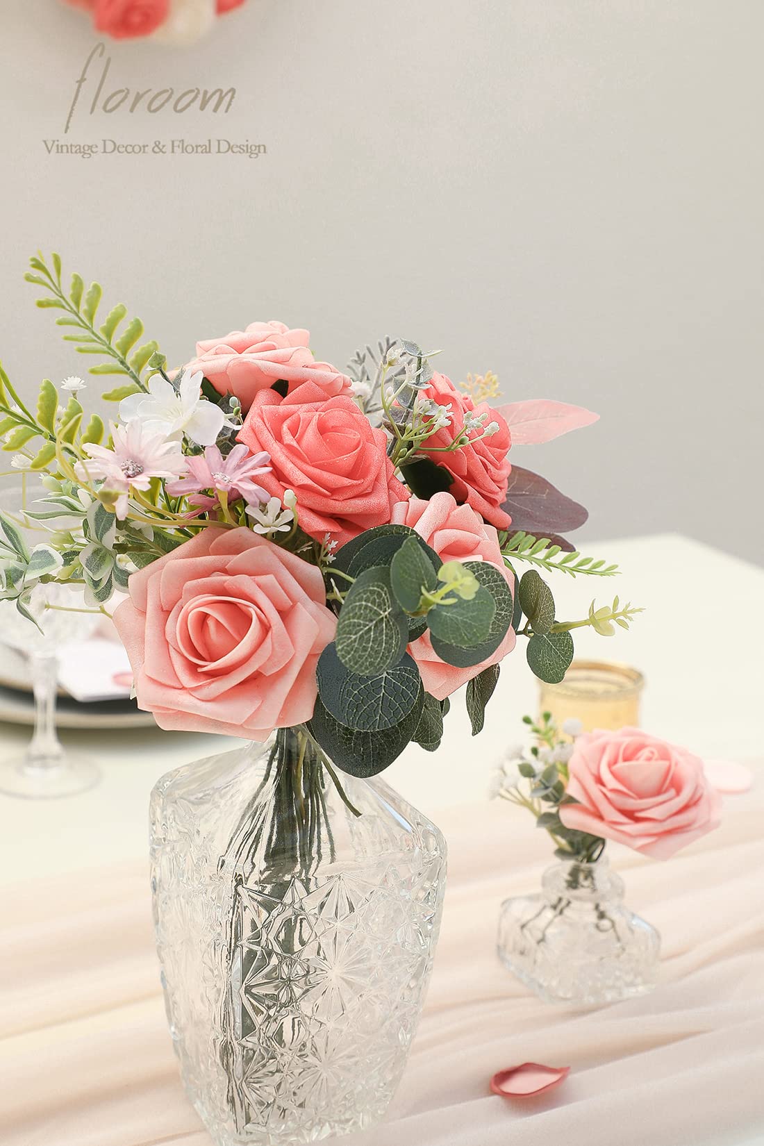Floroom Artificial Flowers 25pcs Real Looking Ivory Foam Fake Roses with Stems for DIY Wedding Bouquets White Bridal Shower Centerpieces Arrangements Party Tables Decorations