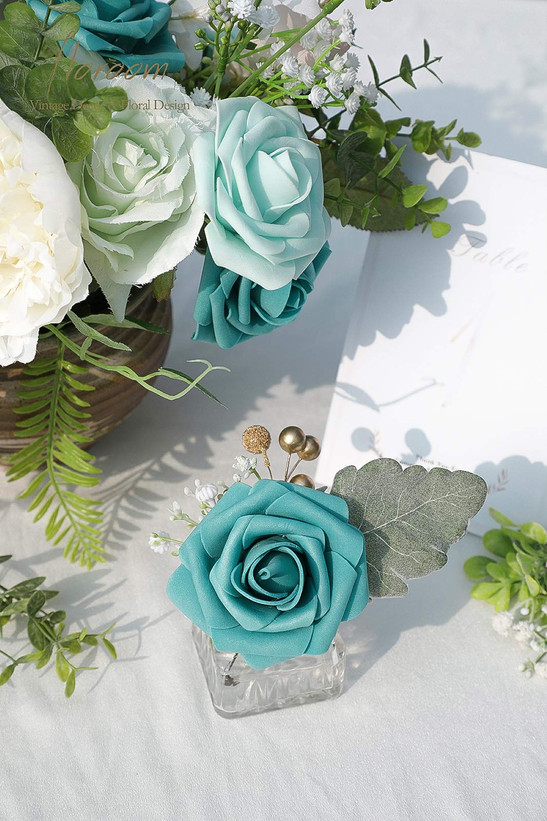 Floroom Artificial Flowers 25pcs Real Looking Ivory Foam Fake Roses with Stems for DIY Wedding Bouquets White Bridal Shower Centerpieces Arrangements Party Tables Decorations