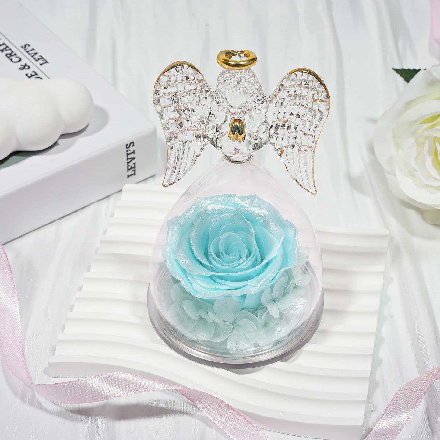 Sunia Preserved Flower Rose Birthday Gifts for Mom, Glass Angels Figurines Gifts for Women Grandma Mothers, Forever Real Flowers Unique Gifts for Valentine Mother's Day Anniversary Thanksgiving ﻿