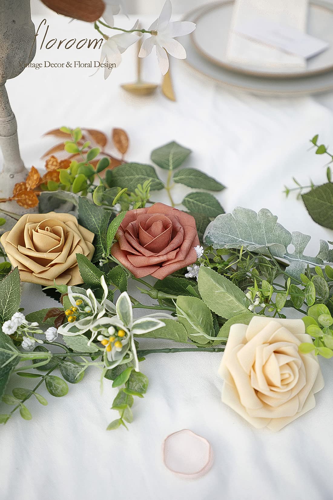 Floroom Artificial Flowers 25pcs Real Looking Ivory Foam Fake Roses with Stems for DIY Wedding Bouquets White Bridal Shower Centerpieces Arrangements Party Tables Decorations