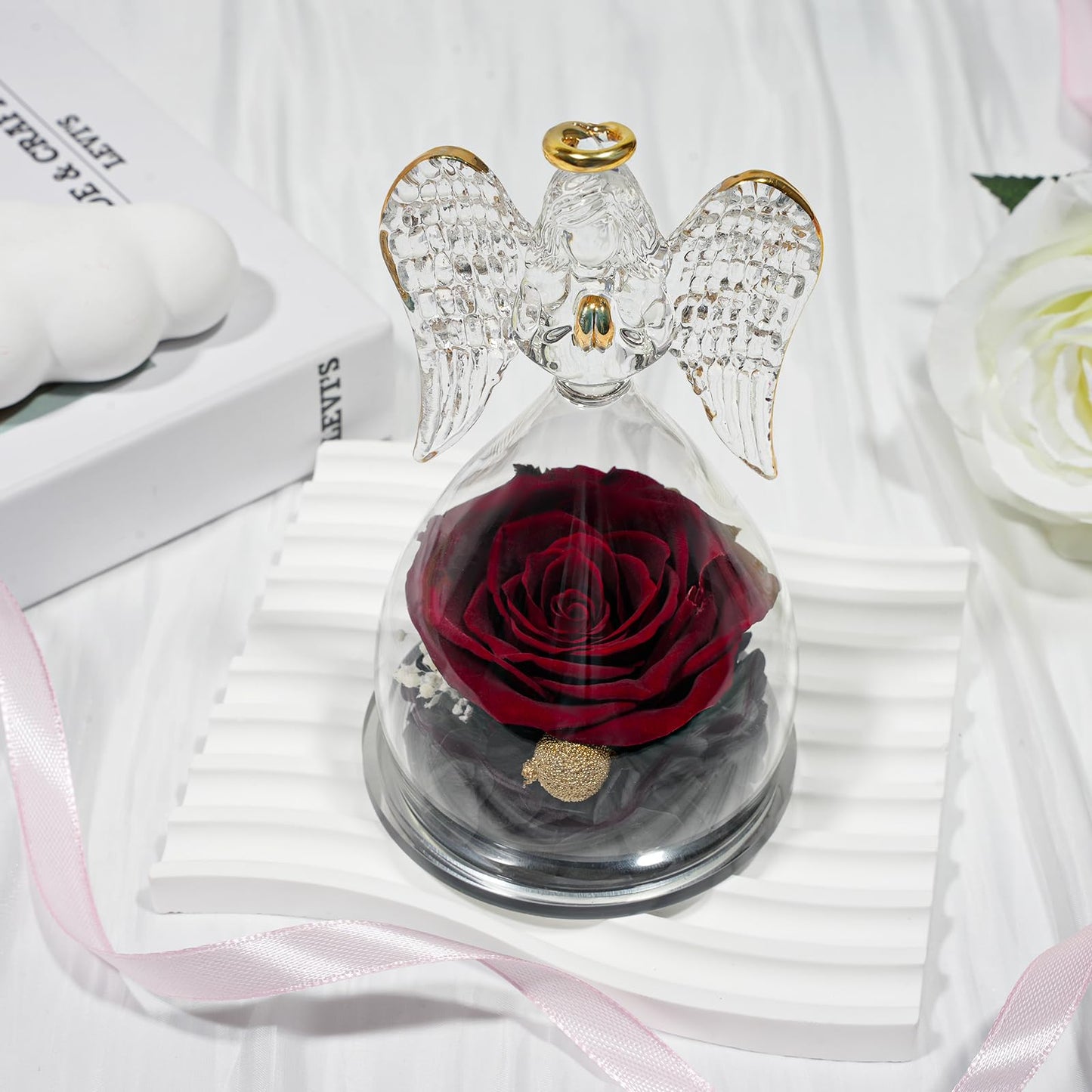 Sunia Preserved Flower Rose Birthday Gifts for Mom, Glass Angels Figurines Gifts for Women Grandma Mothers, Forever Real Flowers Unique Gifts for Valentine Mother's Day Anniversary Thanksgiving ﻿