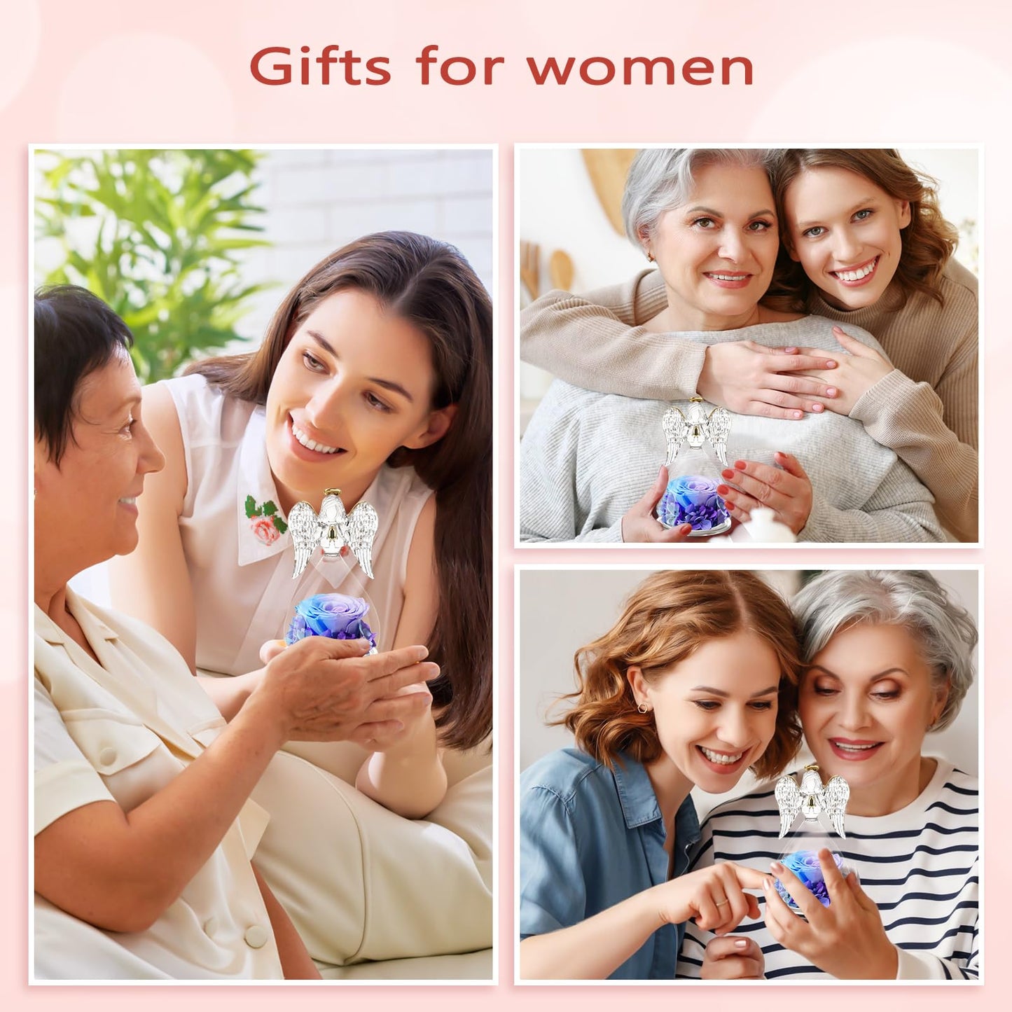 Sunia Preserved Flower Rose Birthday Gifts for Mom, Glass Angels Figurines Gifts for Women Grandma Mothers, Forever Real Flowers Unique Gifts for Valentine Mother's Day Anniversary Thanksgiving ﻿