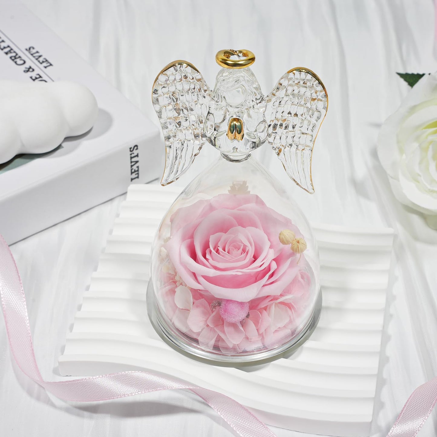 Sunia Preserved Flower Rose Birthday Gifts for Mom, Glass Angels Figurines Gifts for Women Grandma Mothers, Forever Real Flowers Unique Gifts for Valentine Mother's Day Anniversary Thanksgiving ﻿