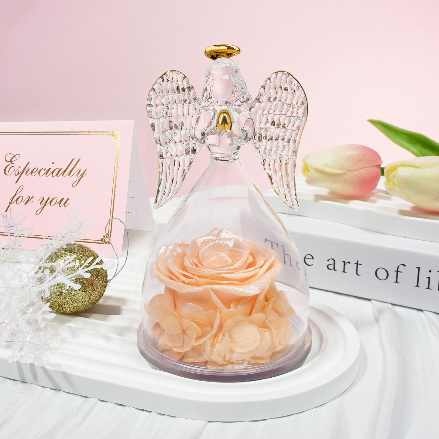 Sunia Preserved Flower Rose Birthday Gifts for Mom, Glass Angels Figurines Gifts for Women Grandma Mothers, Forever Real Flowers Unique Gifts for Valentine Mother's Day Anniversary Thanksgiving ﻿