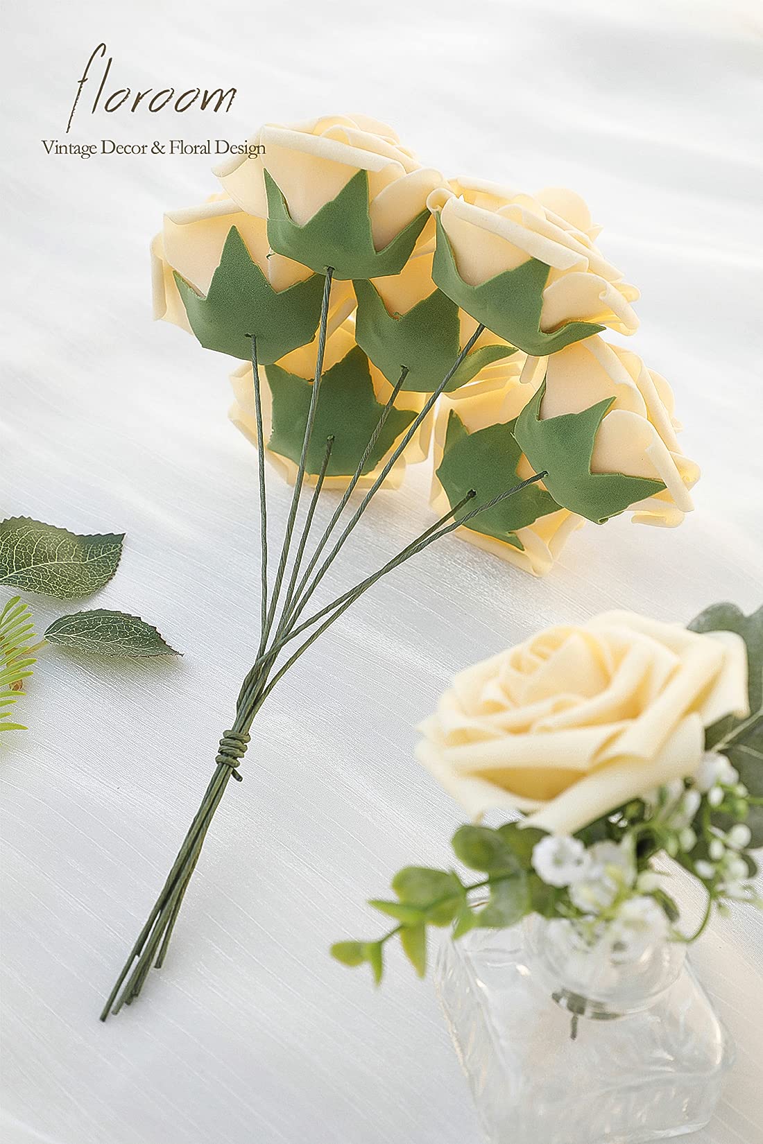 Floroom Artificial Flowers 25pcs Real Looking Ivory Foam Fake Roses with Stems for DIY Wedding Bouquets White Bridal Shower Centerpieces Arrangements Party Tables Decorations