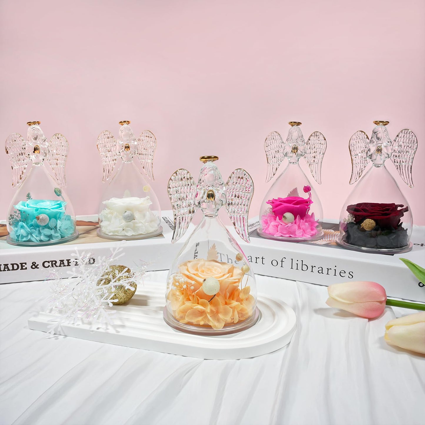 Sunia Preserved Flower Rose Birthday Gifts for Mom, Glass Angels Figurines Gifts for Women Grandma Mothers, Forever Real Flowers Unique Gifts for Valentine Mother's Day Anniversary Thanksgiving ﻿