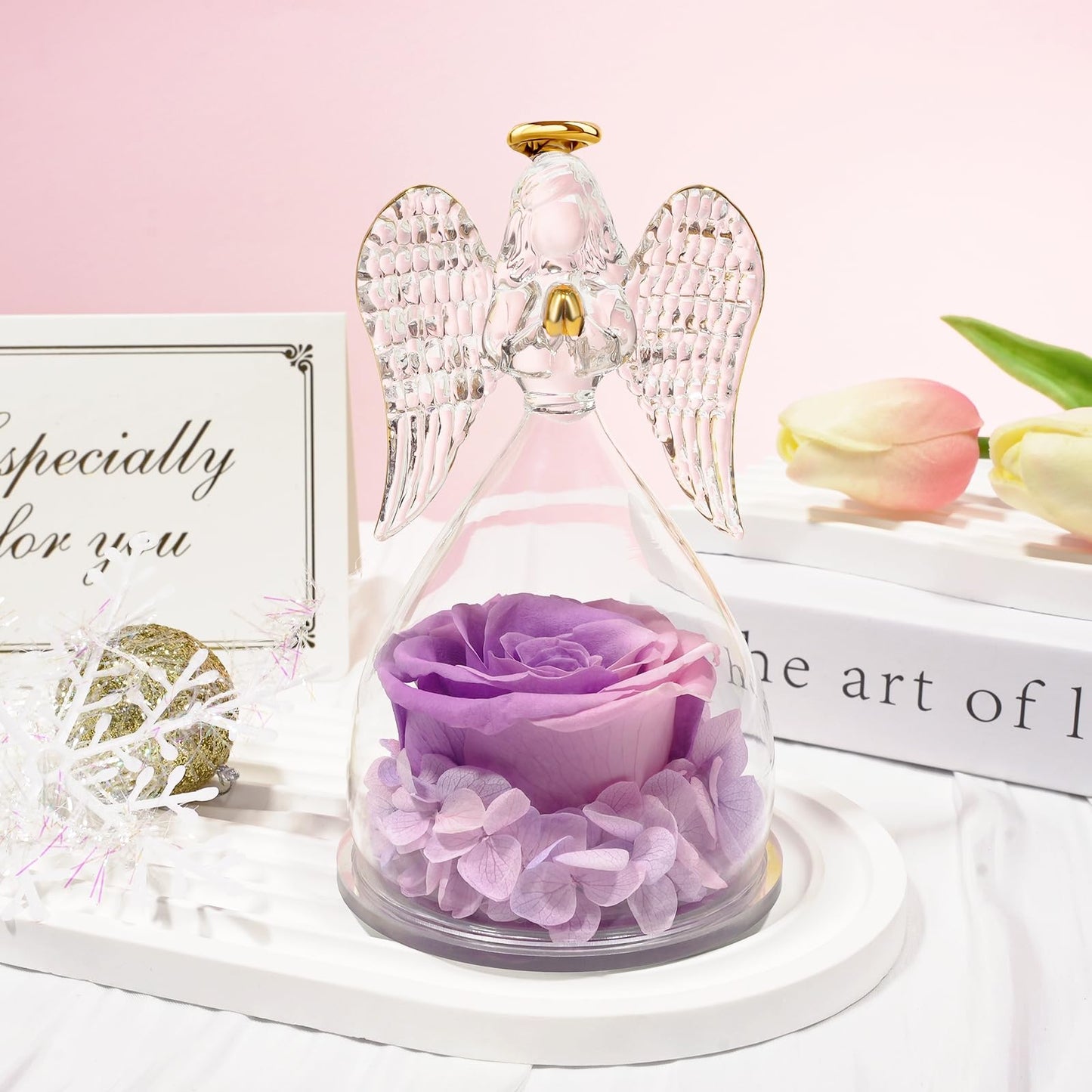 Sunia Preserved Flower Rose Birthday Gifts for Mom, Glass Angels Figurines Gifts for Women Grandma Mothers, Forever Real Flowers Unique Gifts for Valentine Mother's Day Anniversary Thanksgiving ﻿