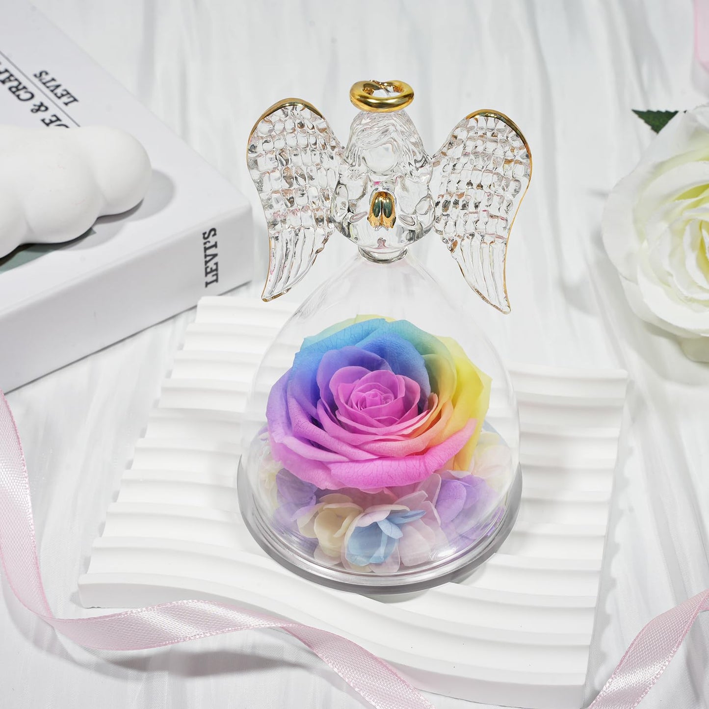 Sunia Preserved Flower Rose Birthday Gifts for Mom, Glass Angels Figurines Gifts for Women Grandma Mothers, Forever Real Flowers Unique Gifts for Valentine Mother's Day Anniversary Thanksgiving ﻿
