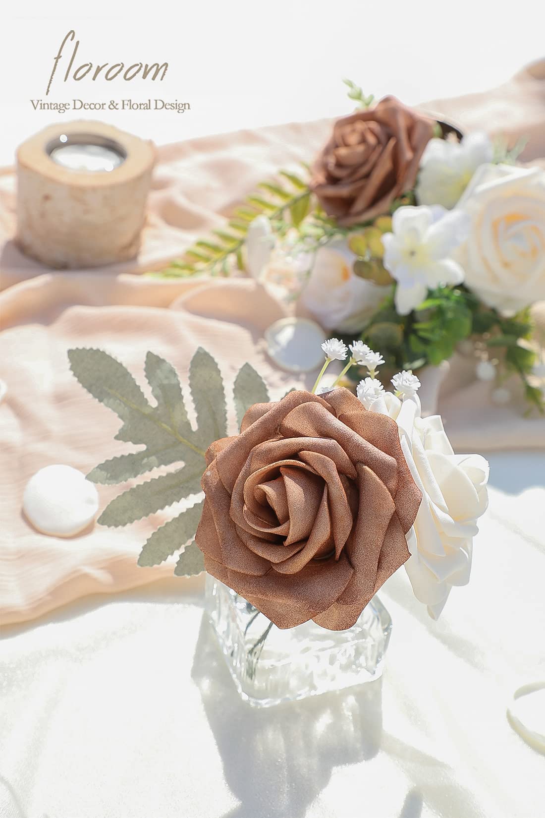 Floroom Artificial Flowers 25pcs Real Looking Ivory Foam Fake Roses with Stems for DIY Wedding Bouquets White Bridal Shower Centerpieces Arrangements Party Tables Decorations