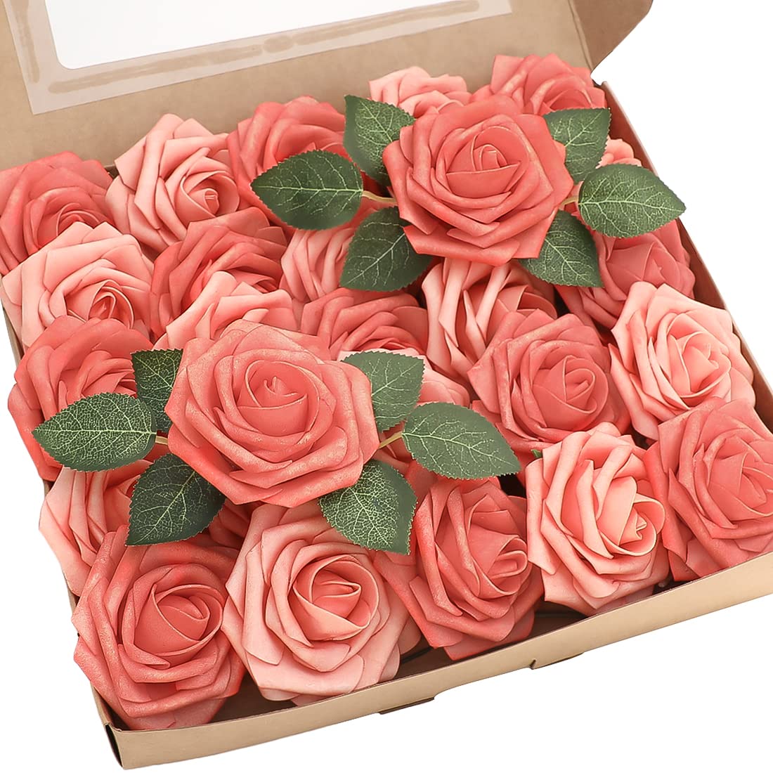 Floroom Artificial Flowers 25pcs Real Looking Ivory Foam Fake Roses with Stems for DIY Wedding Bouquets White Bridal Shower Centerpieces Arrangements Party Tables Decorations