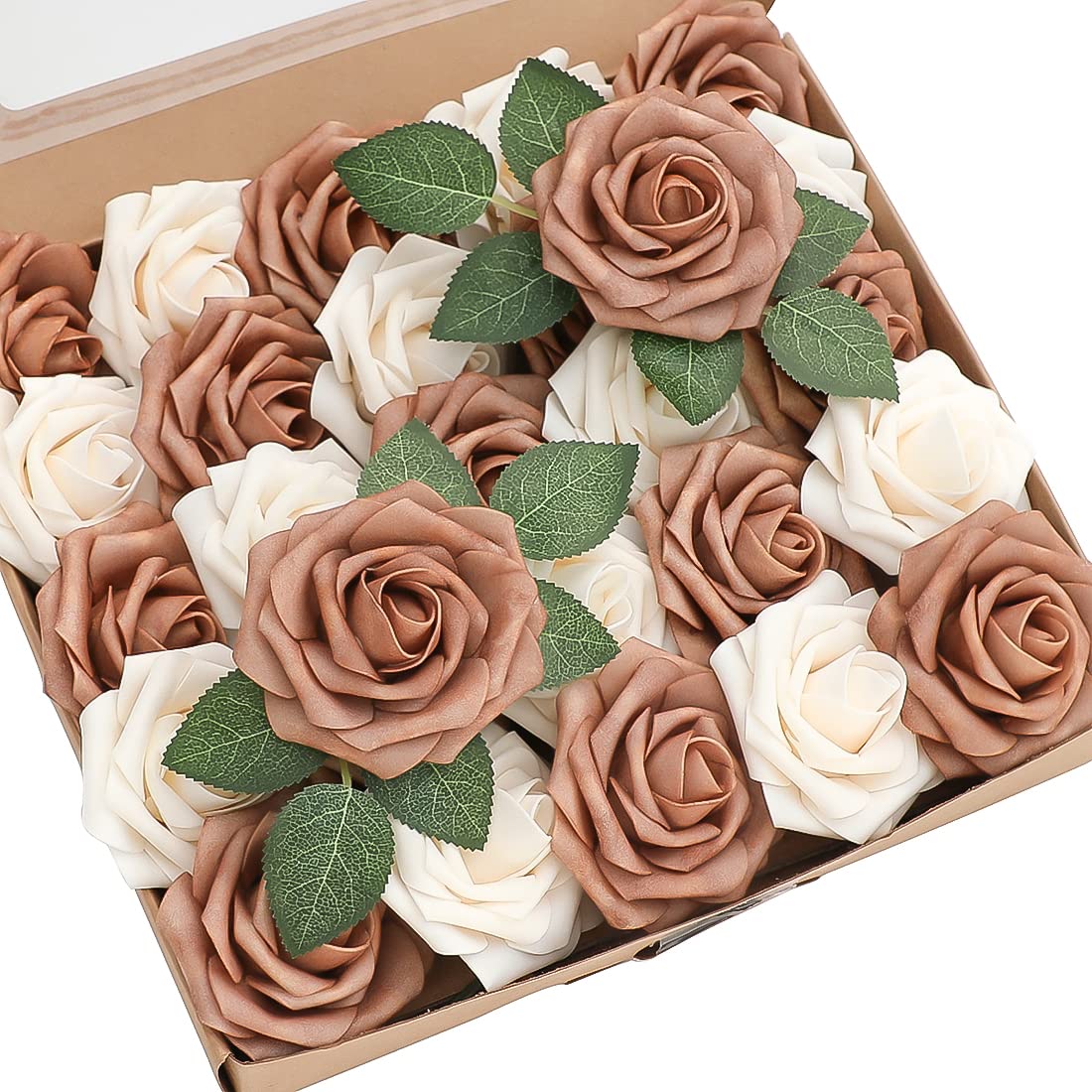 Floroom Artificial Flowers 25pcs Real Looking Ivory Foam Fake Roses with Stems for DIY Wedding Bouquets White Bridal Shower Centerpieces Arrangements Party Tables Decorations