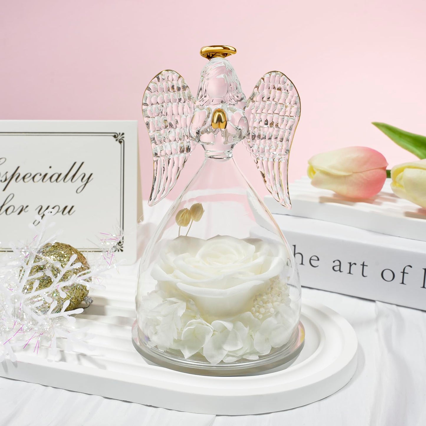 Sunia Preserved Flower Rose Birthday Gifts for Mom, Glass Angels Figurines Gifts for Women Grandma Mothers, Forever Real Flowers Unique Gifts for Valentine Mother's Day Anniversary Thanksgiving ﻿