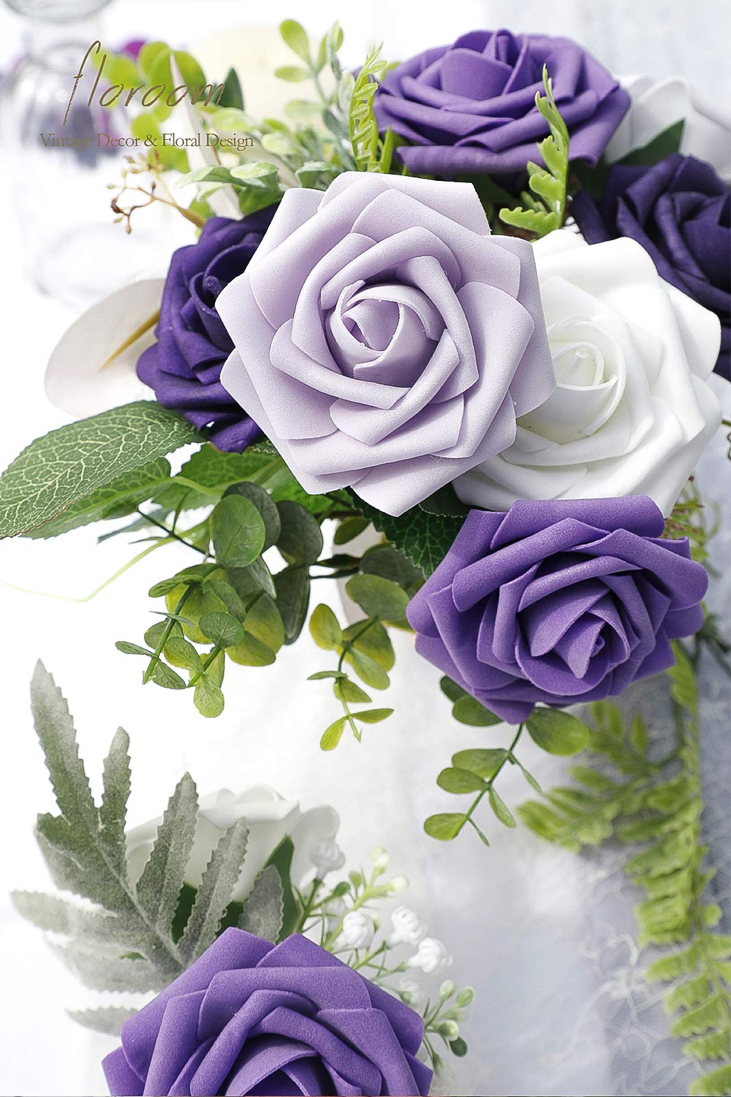 Floroom Artificial Flowers 25pcs Real Looking Ivory Foam Fake Roses with Stems for DIY Wedding Bouquets White Bridal Shower Centerpieces Arrangements Party Tables Decorations
